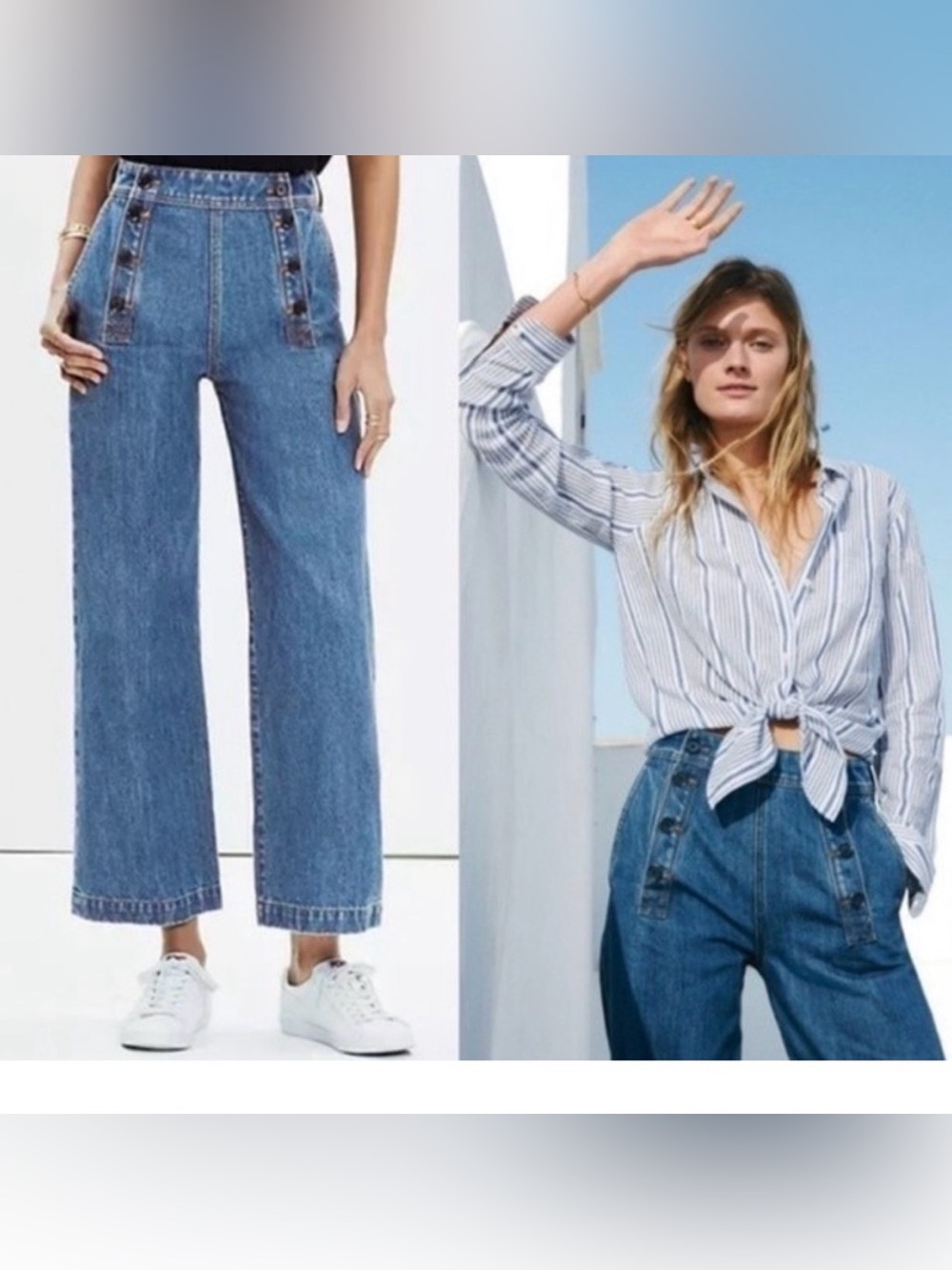 High-Rise Button-Detail Wide Leg Jeans in Medium Blue